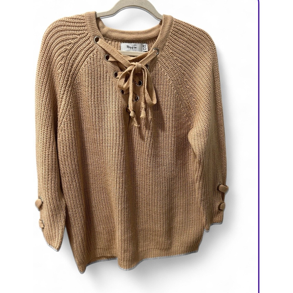 Military Hippie Lace Up Knit‎ Sweater OS Tan